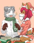  1boy 1girl artist_request chrismtas_costume christmas_hat dog eyes_closed furry grey_hair open_mouth pink_hair short_hair 