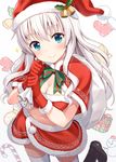  blue_eyes breasts candy candy_cane capelet christmas cleavage food fur_trim gloves hat highres hyuuga_azuri long_hair medium_breasts merry_christmas original red_gloves sack santa_costume santa_hat silver_hair smile solo 