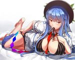  bangs barefoot between_breasts black_bra black_hat black_panties blue_hair blue_skirt blush bra breasts breasts_outside cleavage frilled_skirt frills hat hinanawi_tenshi large_breasts long_hair looking_at_viewer lying mouth_hold neropaso older on_side panties rainbow_order red_eyes shirt sidelocks skirt skirt_pull solo striped touhou underwear vertical-striped_bra vertical_stripes white_shirt 