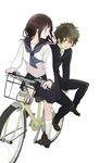  1girl basket bicycle bicycle_basket black_hair buchi_(hetasen) chitanda_eru gakuran green_eyes ground_vehicle highres hyouka long_hair looking_back multiple_riders oreki_houtarou purple_eyes riding school_uniform serafuku sidesaddle 