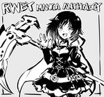  cape commentary crescent_rose english greyscale iesupa monochrome pantyhose ruby_rose rwby scythe solo title waving 
