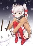  amatsukaze_(kantai_collection) blush brown_dress dress garter_straps hair_tubes highres kantai_collection long_hair looking_at_viewer masuishi_kinoto red_legwear red_scarf rensouhou-kun scarf silver_hair smile snowflakes snowman solo squatting striped striped_legwear thighhighs two_side_up windsock 