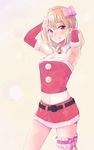  :q armpits arms_behind_head bell belt blonde_hair blush breasts christmas cleavage cowboy_shot detached_collar elbow_gloves fur_trim gloves hair_between_eyes hair_ribbon highres hyakunin_momoko looking_at_viewer miniskirt navel original pink_eyes pink_ribbon red_gloves red_skirt ribbon santa_costume skirt small_breasts solo strapless thigh_strap tongue tongue_out tubetop 