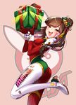  :d animal_print ass bangs bodysuit breasts brown_eyes brown_hair bunny bunny_print christmas christmas_ornaments d.va_(overwatch) facepaint facial_mark from_side gift gloves glowing hana_shiori happy headphones high_collar highres holding holding_gift legs logo long_hair looking_at_viewer open_mouth overwatch pauldrons pilot_suit pink_background pose shoulder_pads simple_background skin_tight small_breasts smile solo swept_bangs teeth thighs tied_hair whisker_markings 
