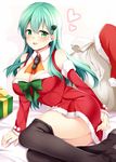  :d aqua_hair ascot bare_shoulders black_legwear blush bow bowtie box breasts christmas cleavage detached_collar detached_sleeves dress fur_trim gift gift_box green_bow green_eyes green_neckwear hair_between_eyes hair_ornament hat hat_removed headwear_removed heart kantai_collection large_breasts long_hair long_sleeves looking_at_viewer md5_mismatch open_mouth over-kneehighs red_dress rui_shi_(rayze_ray) sack santa_costume santa_hat short_dress sitting smile solo suzuya_(kantai_collection) thighhighs 