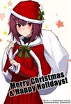  blush fate/empire_of_dirt fate/grand_order fate_(series) hat looking_at_viewer purple_hair red_eyes santa_costume santa_lily scathach_(fate)_(all) scathach_(fate/grand_order) shijiu_(adamhutt) simple_background solo younger 