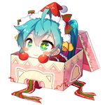  1girl ahoge aqua_hair bai_yemeng bell blush_stickers box chibi christmas gift green_eyes hat hatsune_miku in_box in_container long_hair lowres md5_mismatch santa_costume santa_hat simple_background smile solo vocaloid white_background 