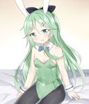  animal_ears black_legwear bow bowtie bunny_ears bunnysuit detached_collar green_eyes green_hair highres kantai_collection long_hair looking_at_viewer open_mouth pantyhose ponytail re-arusu sitting solo wrist_cuffs yamakaze_(kantai_collection) 