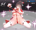  2016 arm_support artist_name bangs beads bell between_breasts black-framed_eyewear blush boots bow bowtie breasts brown_eyes brown_hair capelet christmas closed_mouth eyebrows_visible_through_hair eyelashes frown full_body fur-trimmed_boots fur_trim glasses gloves hair_bun hair_ornament hair_stick large_breasts looking_at_viewer looking_to_the_side mei_(overwatch) naked_ribbon nude overwatch pink_crown pom_pom_(clothes) pulling red_bow red_footwear red_gloves red_neckwear red_ribbon ribbon santa_costume shiny shiny_hair shiny_skin sidelocks sitting skindentation smile snowball_(overwatch) stomach swept_bangs thigh_strap thighhighs underboob wariza white_legwear 