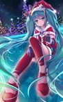  aqua_eyes aqua_hair bell christmas christmas_tree earrings gloves hat hatsune_miku highres jewelry long_hair looking_at_viewer necklace night outdoors pdxen santa_costume santa_hat sitting smile solo thighhighs twintails very_long_hair vocaloid 