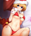  bad_id bad_pixiv_id bed bikini blonde_hair blue_eyes blush boruhis breasts cameltoe christmas cleavage condom_wrapper front-tie_bikini front-tie_top hat highres large_breasts looking_at_viewer lying on_bed on_side original pubic_hair red_bikini santa_hat side-tie_bikini smile solo stuffed_animal stuffed_reindeer stuffed_toy swimsuit wrist_cuffs 