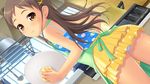  1girl apron ass blush brown_eyes brown_hair child closed_mouth cowboy_shot dutch_angle game_cg hair_ornament hetero holding kitchen long_hair looking_at_viewer looking_back nonohara_miki pantyshot pantyshot_(standing) polka_dot polka_dot_shirt polka_dot_skirt pot sayama_chie shiny shiny_skin shirt shoujo_ramune skirt smile solo standing stove towel window x_hair_ornament 