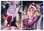  blonde_hair blue_eyes blush box gift gift_box hat holding_needle karasu-san_(syh3iua83) long_hair multiple_girls needle open_mouth original santa_hat sewing silver_hair skirt sleeves_past_wrists sweater teeth 