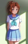  against_wall aqua_neckwear blue_skirt brown_hair hashi hibike!_euphonium long_hair nakagawa_natsuki neckerchief pleated_skirt ponytail purple_eyes school_uniform serafuku skirt solo standing 