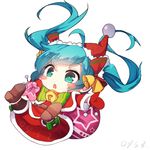  aqua_hair bai_yemeng bell belt blush_stickers boots chibi christmas falling hat hatsune_miku jingle_bell long_hair lowres mittens open_mouth santa_costume santa_hat simple_background solo twintails very_long_hair vocaloid white_background 