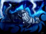  4_toes anthro black_fur blue_eyes breasts canine eyes_closed featureless_breasts female fur grass male mammal night nude open_mouth outside paws sky smile star starry_sky teeth toes tongue white_fur zenirix 