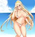  aoguu areola_slip areolae beach bikini blonde_hair blush breasts cloud copyright_request crown day large_breasts legs long_hair looking_at_viewer micro_bikini navel ocean outdoors purple_eyes skindentation sky smile solo strap_gap string_bikini swimsuit thigh_gap thighs white_bikini 