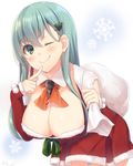  &gt;:) ;) alternate_costume aqua_hair blush breasts christmas christmas_tree_hair_ornament cleavage detached_collar detached_sleeves downblouse dress eyebrows eyebrows_visible_through_hair green_eyes hair_ornament jiiwara kantai_collection large_breasts leaning_forward long_hair long_sleeves looking_at_viewer neckerchief one_eye_closed red_dress sack santa_costume simple_background sleeves_past_wrists smile snowflakes solo suzuya_(kantai_collection) v-shaped_eyebrows white_background 