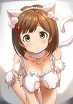  :&lt; animal_ears bare_shoulders bent_over blush bow bra breasts brown_hair cat_cutout cat_ears cat_tail cleavage cleavage_cutout closed_mouth collarbone covered_nipples cowboy_shot detached_collar eyebrows_visible_through_hair fur_collar green_eyes hair_bow hair_ornament idolmaster idolmaster_cinderella_girls looking_at_viewer maekawa_miku medium_breasts panties red_bow ribbon short_hair side-tie_panties solo standing tail takeashiro tareme underwear underwear_only white_bra white_panties white_ribbon 
