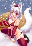  animal_ears bikini blush box breasts cleavage detached_sleeves front-tie_bikini front-tie_top fur_trim gift gift_box hat highres inubashiri_momiji large_breasts looking_at_viewer open_mouth pom_pom_(clothes) red_bikini red_eyes red_legwear sack short_hair side-tie_bikini solo swimsuit tail thighhighs tokin_hat touhou white_hair wolf_ears wolf_tail wolflong 