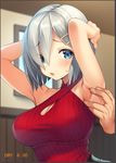  alternate_costume armpits arms_up blue_eyes blush breasts cleavage cleavage_cutout eyes_visible_through_hair hair_ornament hair_over_one_eye hairclip hamakaze_(kantai_collection) kantai_collection large_breasts looking_at_viewer pokachu ribbed_sweater short_hair silver_hair solo_focus spread_armpit sweater 