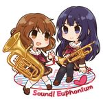  black_hair black_legwear brown_eyes brown_hair brown_serafuku brown_skirt chibi euphonium fuuka_(fukasheu) hibike!_euphonium instrument kousaka_reina long_hair multiple_girls neckerchief oumae_kumiko pleated_skirt purple_eyes red_neckwear red_string short_hair skirt string thighhighs trumpet white_legwear 