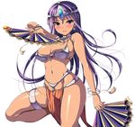  bangs bare_shoulders blush bracelet breasts cleavage commentary_request cowboy_shot dancer's_costume_(dq) dragon_quest dragon_quest_iv dual_wielding earrings fan folding_fan groin holding iga_(nonono_tsuushin) jewelry long_hair looking_at_viewer manya medium_breasts navel necklace parted_lips pelvic_curtain purple_eyes purple_hair smile solo thighlet tiara tsurime white_background 
