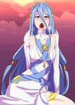  aqua_(fire_emblem_if) blue_hair breasts dress fire_emblem fire_emblem_if long_hair looking_at_viewer necklace open_mouth sexually_suggestive small_breasts umayahara0130 veil yellow_eyes 