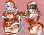  absurdres asanagi ass bare_shoulders black_hair blush breasts brown_eyes butt_crack buttons capelet christmas cleavage commentary_request covered_nipples detached_collar elbow_gloves fingerless_gloves food gloves hat highres kantai_collection large_breasts long_hair looking_at_viewer lowleg lowleg_panties multiple_girls panties partially_visible_vulva plate red_eyes red_gloves red_panties santa_costume santa_hat shoukaku_(kantai_collection) side-tie_panties silver_hair skindentation smile striped striped_legwear thighhighs thighs turkey_(food) twintails underwear zuikaku_(kantai_collection) 