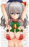  areola_slip areolae armpits arms_behind_head bad_id bad_pixiv_id bare_shoulders beret bikini blue_eyes breasts christmas cleavage detached_collar hat highres kantai_collection kashima_(kantai_collection) large_breasts long_hair looking_at_viewer micro_bikini navel origin_(fefnir_nightload) sidelocks silver_hair smile solo swimsuit tsurime twintails upper_body wavy_hair 