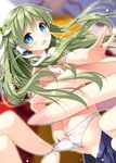  ass blue_eyes bra frog_hair_ornament green_eyes green_hair hair_ornament hakurei_reimu holding kochiya_sanae long_hair looking_at_viewer minigirl miyase_mahiro out_of_frame panties panty_pull pleated_skirt pov pov_hands skirt skirt_pull snake_hair_ornament solo_focus touhou underwear 