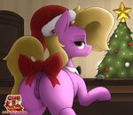  2016 anearbyanimal anus bedroom_eyes blonde_hair butt christmas christmas_tree door earth_pony equine female feral friendship_is_magic fur grace_manewitz_(mlp) hair half-closed_eyes hat holidays horse inside looking_at_viewer looking_back mammal multicolored_hair my_little_pony pony presenting purple_fur pussy pussy_juice seductive solo tree 