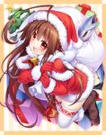  absurdres ahoge ass bangs blush boots brown_hair capelet christmas_tree eyebrows_visible_through_hair fang fish fur_trim gift gloves hat highres holding kantai_collection kuma_(kantai_collection) long_hair looking_at_viewer open_mouth red_eyes red_gloves sack santa_costume santa_hat saury smile solo thighhighs thighs wakagi_repa white_legwear 