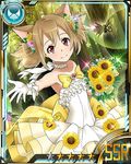  animal_ears bouquet bow brown_hair card_(medium) cat_ears collarbone dress flat_chest flower forest gloves head_wreath holding holding_bouquet looking_at_viewer nature neck_ribbon official_art outdoors red_eyes ribbon short_hair silica silica_(sao-alo) smile solo star sunflower sword_art_online sword_art_online:_code_register tree wedding_dress white_bow white_gloves white_ribbon yellow_flower 