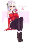  2016 bare_shoulders brown_eyes dated detached_collar elbow_gloves garnet gloves highres original pantyhose red_gloves sack santa_costume short_hair sitting solo white_hair 