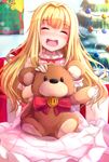  bangs blonde_hair blunt_bangs box child christmas christmas_ornaments christmas_tree closed_eyes commentary_request dress eyebrows_visible_through_hair gift gift_box long_hair nicoby open_mouth original solo stuffed_animal stuffed_toy teddy_bear 
