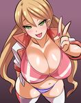  :d bikini_top blonde_hair breasts cleavage collarbone commentary_request cowboy_shot cropped_jacket earrings foreshortening from_above gradient gradient_background green_eyes gundam gundam_tekketsu_no_orphans hair_between_eyes heart heart_earrings highres huge_breasts jacket jewelry konno_tohiro lafter_frankland long_hair looking_at_viewer looking_up low_twintails nail_polish naughty_face open_clothes open_jacket open_mouth panties red_nails seductive_smile smile solo striped striped_panties thighhighs tongue tongue_out tsurime twintails underwear v white_legwear 