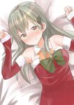  alternate_costume bad_id bad_twitter_id bangs bare_shoulders bed_sheet blush breasts brown_eyes christmas christmas_tree_hair_ornament commentary detached_collar detached_sleeves dress eyebrows_visible_through_hair fur-trimmed_sleeves fur_trim green_hair green_ribbon hair_ornament kantai_collection large_breasts long_hair looking_at_viewer lying natsu_(sinker8c) on_back red_dress ribbon santa_costume smile solo suzuya_(kantai_collection) 