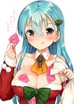  :q aqua_hair bangs bare_shoulders blue_hair blush bow bowtie breasts brown_eyes christmas christmas_tree_hair_ornament cleavage closed_mouth condom_wrapper detached_collar detached_sleeves drawstring dress eyelashes fingernails fur_trim green_bow green_neckwear hair_between_eyes hair_ornament hairclip heart holding ichihaya kantai_collection large_breasts long_hair looking_at_viewer pom_pom_(clothes) sack santa_costume shiny shiny_hair shiny_skin simple_background solo strapless strapless_dress suzuya_(kantai_collection) tongue tongue_out translated upper_body white_background 