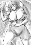  breasts cleavage drooling greyscale hanemikakko huge_breasts large_wings long_hair miniskirt monochrome off_shoulder open_clothes open_mouth open_shirt reiuji_utsuho shirt skirt sleeping solo touhou unbuttoned 