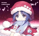  ainy77 bad_id bad_pixiv_id blue_eyes blue_hair blue_scarf capelet christmas cube doremy_sweet fur-trimmed_gloves fur_trim gloves hat looking_at_viewer merry_christmas mittens pom_pom_(clothes) purple_background red_gloves red_hat santa_costume santa_hat scarf smile snowflakes solo touhou upper_body 
