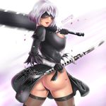 1girl ass black_dress black_panties black_thong blindfold breasts dual_wielding flowerxl from_behind gloves huge_weapon lipstick looking_back nier_(series) nier_automata short_hair sideboob smile solo sword thighhighs thong weapon yorha_unit_no._2_type_b 