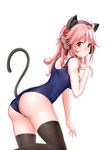  absurdres ahoge animal_ears ass black_legwear blush breasts cat_ears cat_tail headphones highres long_hair medium_breasts onceskylark pink_hair red_eyes school_swimsuit solo swimsuit tail thighhighs thighs tirpitz_(zhan_jian_shao_nyu) white_background zhan_jian_shao_nyu 