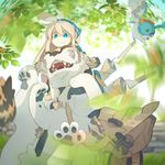  akitsu_taira animal bag bird blonde_hair blue_eyes cat commentary izumi_luna_(akitsu_taira) leaf long_hair motion_blur original oversized_animal satchel smirk teeth tickling whiskers 