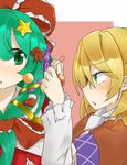  arm_warmers bauble blonde_hair blush bow christmas christmas_stocking decorating decorations green_eyes green_hair hair_bow hair_ribbon highres kagiyama_hina long_hair mizuhashi_parsee multiple_girls ribbon scarf short_hair star tinsel touhou tyouseki 