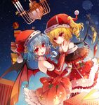  :/ ;d alternate_costume alternate_headwear bad_id bad_pixiv_id baocaizi bare_shoulders bat_wings blonde_hair blue_hair blush bow box chandelier christmas commentary_request crystal detached_sleeves dress fang flandre_scarlet from_side fur_trim gift gift_box gloves hat hat_bow highres looking_at_viewer looking_to_the_side multiple_girls off-shoulder_dress off_shoulder one_eye_closed open_mouth red_bow red_dress red_eyes red_gloves remilia_scarlet santa_costume santa_hat siblings sisters smile star touhou v-shaped_eyebrows wings 