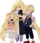  2girls ^_^ bangs black_pants black_vest blonde_hair blunt_bangs blush_stickers child clefairy closed_eyes diamond diamond_(symbol) dress family family_portrait full_body gen_1_pokemon gladio_(pokemon) gonzarez green_eyes grin hand_on_hip happy hug kneeling legs light_smile lillie_(pokemon) long_hair lusamine_(pokemon) mother_and_child mother_and_daughter mother_and_son multicolored multicolored_clothes multicolored_dress multiple_girls open_mouth pants petting pokemon pokemon_(anime) pokemon_(creature) pokemon_(game) pokemon_sm red_footwear see-through shirt shoes short_sleeves simple_background sleeveless sleeveless_dress smile standing stuffed_toy teeth very_long_hair vest white_background white_dress white_footwear 