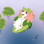  2016 ambiguous_gender blush cute english_text fangs feral floating flora_fauna flower fur green_fur hedgehog leaf legendary_pok&eacute;mon mammal nude open_mouth pawpads pink_pawpads plant purple_eyes shaymin shikaro signature smile solo text tongue water wet white_fur 