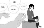  ambiguous_gender begging clothed clothing comic dialogue duo english_text feral food hi_res human interspecies lazypft male mammal manga marine monochrome pinniped sea_lion simple_background sitting sweat text 