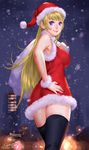  ariverkao blonde_hair blue_eyes christmas city hat long_hair looking_at_viewer looking_back original sack santa_costume santa_hat sleeveless snowing solo thighhighs 